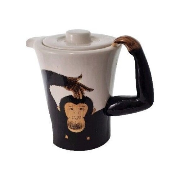 Pier 1 Monkey Teapot 6.25" handpainted stoneware whimsical fun teatime - Picture 1 of 10